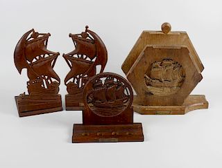 Shipbreakers timber. A wooden wall hanging magazine or paper rack, carved with galleon design panel,