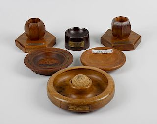 Shipbreakers timber. Three shaped wooden dishes, an ashtray, a bottle coaster, and a pair of barrel