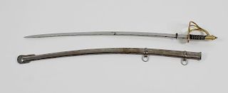 A reproduction heavy cavalry sabre, the black leather grip with wire twist detail, within pierced br