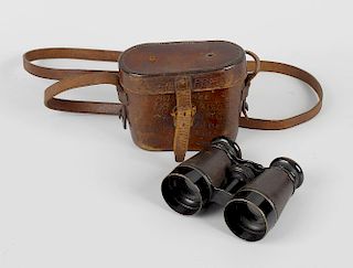 Boer War interest: a pair of Aldershot binoculars, in hand engraved hide case, inscribed: 'A.E.B. 19