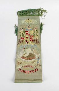 A Thomas Stevens of Coventry woven silk Ancient Order of Foresters sash, with a green coloured groun