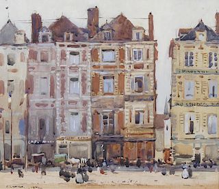 Frederick (Fred) Lawson, (1888-1968)A French street scene with figures outside cafesWatercolour, sig