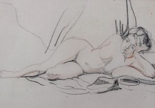 Margaret Evangeline Wilson, (1890-1977)Reclining nude, charcoal and red chalk/pastel on textured buf