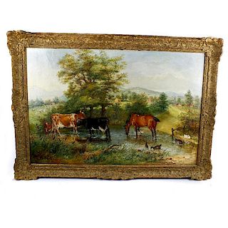 Edwin F. Holt (1830-1912)Watering cattle and horses before a rural town landscapeOil on canvasSigned