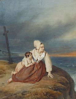 Duval (19th century)Cliff side scene of mother and child beside a graveWatercolourSigned and dated 1