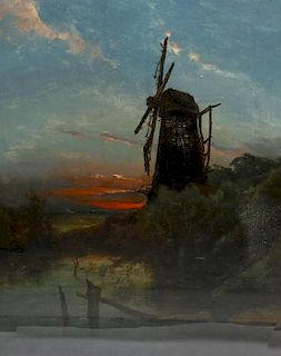 Ex Tommy Tranter Collection:A late 19th century oil on canvasRural landscape with a windmill at suns