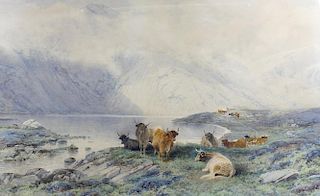 Frederick Tucker, (1860-1935)Highland cattle watering, mists on the distant fellsWatercolour, signed