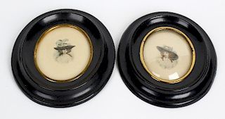 A pair of portrait miniatures. Each of oval outline depicting females dressed in floral bonnets, in