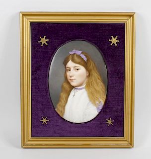 A large German oval porcelain plaque in the KPM style, depicting a young girl with long hair wearing