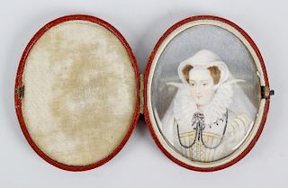 An oval miniature, depicting a lady in Tudor dress, in red hide case, under glass, 3 x 2.5 (7.5cm x