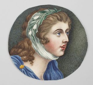 A miniature on card, depicting a woman with floral head garland, in blue dress, 3 x 3 (7.5cm x 7.5cm
