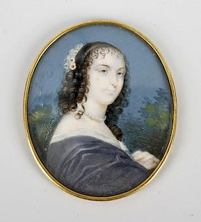 A mother of pearl oval miniature, depicting a woman with pearl necklace and floral headpiece, set ag