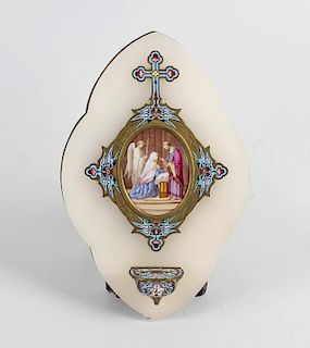 An alabaster and enamel holy water stoup, of lobed lozenge outline mounted with central miniature on