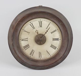A late 19th century wall clock, the circular white printed dial with black Roman numerals and Bregue