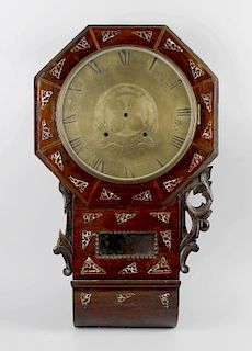 A late 19th century American 'drop dial' wall clock, the circular brass Roman dial with engraved cen