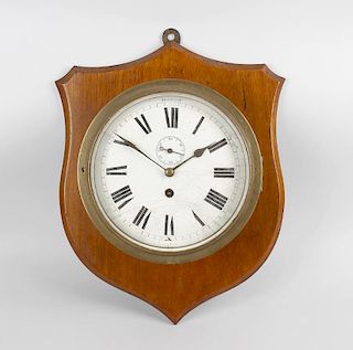 A late 19th century brass cased ships bulkhead style clock, the bevel edged circular glass door, enc