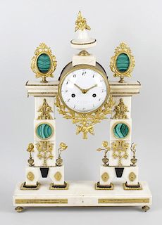A late 18th century French Directoire white marble portico mantel clock.A la Croix a ParisThe 5 whit