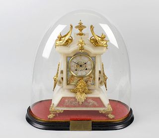 A 19th century French painted alabaster mantel clock.Japy Freres & Cie, The 3-inch Roman dial within