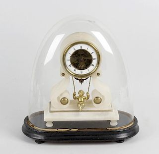 A late 19th century French alabaster mantel clockThe 3-inch dial having a white-enamelled chapter ri
