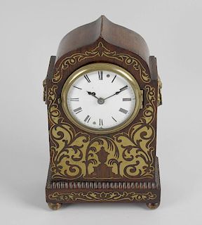 A Regency brass inlaid rosewood mantel clock, the three-inch white enamel convex dial with Roman num