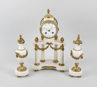 A late 19th century French white marble and gilt metal portico clock set. Having 3.5-inch white conv