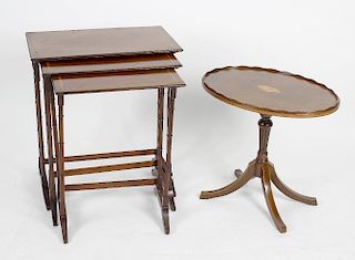 A small mixed collection of furniture, comprising a nest of three inlaid mahogany tables, each havin