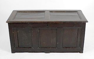 A 19th century oak coffer with panelled top and front (a/f), a small oak wall hanging corner cabine