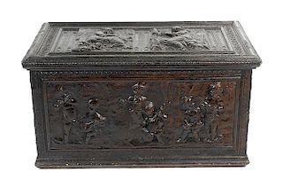 An unusual late 19th century embossed paper covered blanket box, the hinged panelled top decorated w