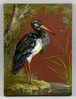 Minton tile with handpainted decoration of a  stork, monogrammed AJS,  20 cm x 15 cm
