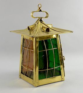 Brass lantern form ceiling light,  with glass in four colours, C 1910 , height 39 cm