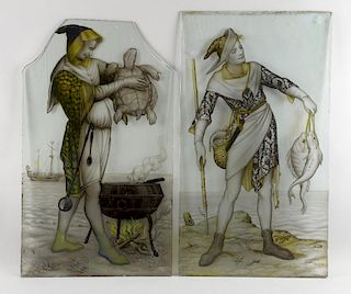 Revised Estimate. Two painted glass panels, depicting medieval style figures one with fish and anoth