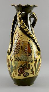 Alexander Lauder Barum pottery, large vase with twisted handles, incised decoration of fish, inscrib