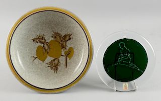 Royal Copenhagen crackle glaze dish decorated with cobb nuts together with a Holmgaard, glass mermai