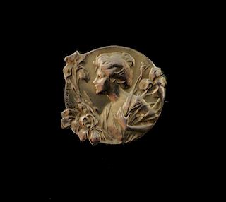 Art Nouveau Lady And Irises medal brooch, French Signed E. Dropsy. Gold plated.