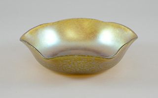 Early 20th C glass Iridescent glass bowl, probably by Loetz Austria, of shaped hexagonal form, unma