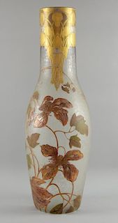 Large glass vase with Art Nouveau decoration, relief cut top in burnished gold and silver, enamel pa