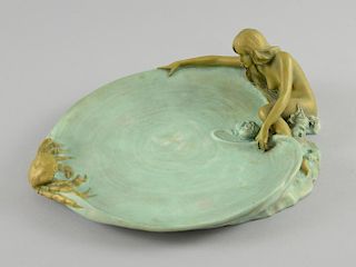 Ernst Wahliss  an Austrian Art Nouveau figural dish, nude maiden next to pool with a crab, figure wi