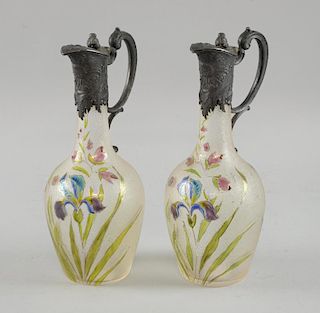 Pair of Jugendstil WMF & Mont Joye Legras liquer decanters, circa 1900, hand enamelled with flag iri