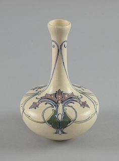 Dutch Art Nouveau vase Brantjes Purmerend, design of pink flowers on cream ground, various marks and