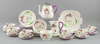 Crown Staffordshire tea set, decorated with exotic birds and strawberries, comprising, Teapot, hot