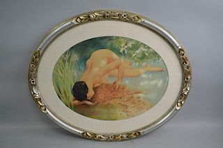 F Condomines watercolour depicting a naked lady leaning and drinking from a pool of water, oval, sig