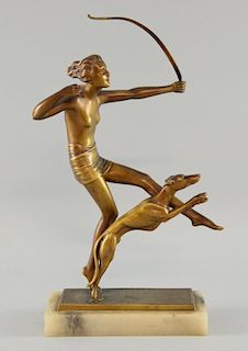 Art Deco figure of Diana the huntress,  with a grey hound, gilt metal  on alabaster base, 33 cm