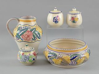 Collection of Poole pottery, Carter Stabler and Adams jug 23 cm, fruit bowl diameter 20 cm  and thre