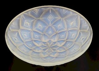 Opalescent glass bowl moulded with repeating geometric forms, raised mark ' Made in France ' diamete