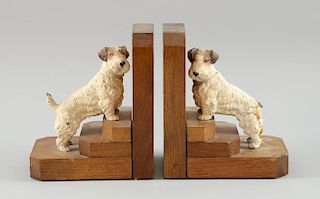 Pair of bookends with Scottie dogs, cold painted metal and wood, 14.5 x 18 cm