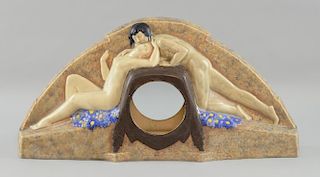D'Argyl, French  Art Deco ceramic figural clock case  with two nude lovers, signed to base. Height 2