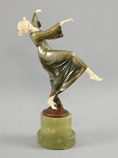 Art Deco period  silvered bronze and ivory figure, Grecian style girl dancing, with floral garlands