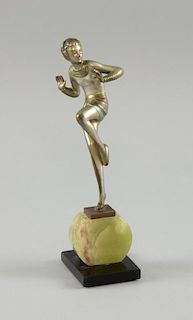 Art Deco silvered bronze figure, modelled as a dancing girl on onyx base in the height 20.5 cm