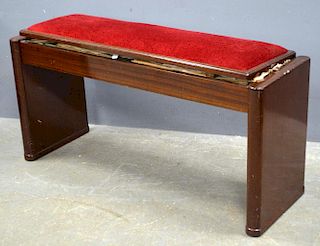 Art Deco mahogany duet piano stool labelled ministool Height 53cm, width 107cm, depth 35cm