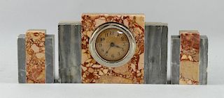 Art Deco marble French mantel clock of shaped rectangular flanked by a pair of garnitures 16 cm high